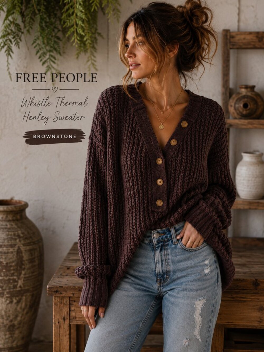Free People Whistle Thermal Henley Sweater Brownstone Chunky Knit Boho S Relaxed
